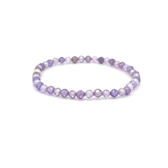 Cubic Zirconia Purple Micro Faceted Gemstone Beaded Stretch Bracelet 14K Gold Ac - Picture 3 of 7